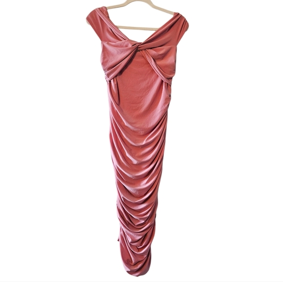 Club L London Pink Maternity Bardot Knot Ruched Cocktail Midi Dress Size US 10. - Picture 6 of 12